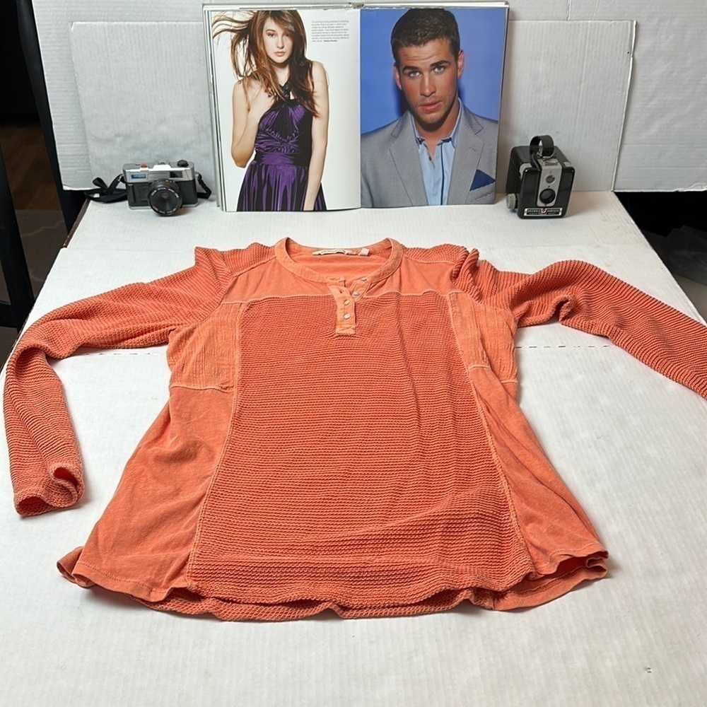 Soft Surroundings L Rust Orange Waffle Knit Ruffle Sleeve Boho Fall Top